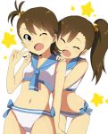  2girls brown_eyes brown_hair closed_eyes futami_ami futami_mami hair_bobbles hair_ornament hands_on_another&#039;s_shoulders idolmaster looking_at_viewer midriff multiple_girls natsunagi_takaki navel one_eye_closed open_mouth siblings side_ponytail sisters star twins v 