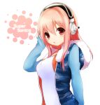  1girl aggie breasts hand_on_headphones headphones long_hair looking_at_viewer nitroplus open_mouth pink_eyes pink_hair solo super_sonico 