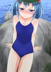  1girl 3692materia :&lt; bare_legs bare_shoulders blue_eyes blue_hair blush blush_stickers body_blush breasts cabbie_hat collarbone competition_school_swimsuit embarrassed hair_bobbles hair_ornament hat highres kawashiro_nitori lake large_breasts moss one-piece_swimsuit rock school_swimsuit short_hair short_twintails sitting_on_rock solo swimsuit touhou twintails water 