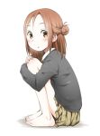  1girl bare_legs barefoot blazer blush brown_eyes brown_hair fujimiya_kaori hair_bun isshuukan_friends kokekokko_coma leg_hug open_mouth school_uniform short_hair simple_background skirt solo squatting white_background 