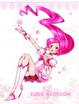  1girl blush boots character_name cure_blossom dress earrings english eyelashes hair_down hanasaki_tsubomi happy heartcatch_precure! high_heel_boots high_heels jewelry kagami_chihiro knee_boots kneehighs long_hair looking_afar magical_girl open_mouth pink_dress pink_eyes pink_hair precure puffy_sleeves ribbon smile solo very_long_hair wrist_cuffs 