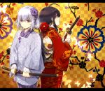  2boys ahoge androgynous back-to-back black_hair flower hair_flower hair_ornament honebami_toushirou japanese_clothes kimono letterboxed long_hair male_focus mizuhara_aki multiple_boys namazuo_toushirou open_mouth ponytail purple_hair sheath sheathed short_hair standing touken_ranbu trap violet_eyes wakizashi 