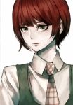  1girl checkered_necktie dangan_ronpa freckles green_eyes koizumi_mahiru necktie redhead sakuyu short_hair simple_background smile solo super_dangan_ronpa_2 white_background 