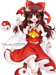  1girl ascot bare_shoulders bow brown_eyes brown_hair catbell detached_sleeves hair_bow hair_tubes hakurei_reimu open_mouth solo touhou white_background yin_yang 