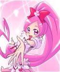 1girl cure_blossom dress earrings eyelashes hair_ornament hair_ribbon hanasaki_tsubomi happy heartcatch_precure! jewelry long_hair looking_at_viewer maboroshineko magical_girl open_mouth pink pink_background pink_dress pink_eyes pink_hair ponytail precure puffy_sleeves ribbon smile solo very_long_hair wrist_cuffs 