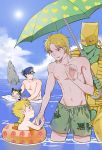  beach child dio_brando dolphin father_and_daughter father_and_son giorno_giovanna heart heart_pattern innertube jojo_no_kimyou_na_bouken kuujou_jolyne kuujou_joutarou stand_(jojo) swim_trunks the_world umbrella younger zijinkalas 