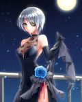  1girl blue_eyes dress elbow_gloves eyepatch flower formal full_moon gloves guard_rail hair_ornament highres holding iri_flina jewelry moon necklace night night_sky open_mouth railing short_hair silver_hair sky solo star_(sky) starry_sky sword_girls 