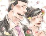  1boy 1girl aoki_masaru black_hair closed_eyes couple flower formal hagi_haruji hajime_no_ippo hetero petals smile suit tomiko_(hajime_no_ippo) 
