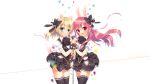  2girls animal_ears blonde_hair blue_eyes blush bow cat_ears cat_tail fang hair_bow hair_ribbon highres long_hair microphone microphone_stand multiple_girls original pink_eyes pink_hair rabbit_ears ribbon sazaki_ichiri skirt smile tail thigh-highs twintails zettai_ryouiki 