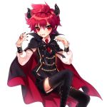  1boy alternate_costume black_legwear blood blood_on_face boots bow cape elsword elsword_(character) haruya_(lajoon) horns male messy_hair necktie red_eyes redhead shorts solo thigh-highs thigh_strap vest white_background 