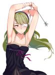  1girl armpits arms_up dress evelyn_(unlight) eyepatch flat_chest green_hair lips long_hair netlk orange_eyes ribbon solo unlight wand 