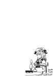  1girl artist_name book bow comic crescent dated doujinshi hair_bow hat highres jiru_(jirufun) long_hair monochrome patchouli_knowledge ribbon simple_background solo spot_color touhou white_background 