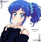  1girl aikatsu! bare_shoulders blue_eyes blue_hair blush character_name copyright_name earrings english eyelashes hair_ornament happy jewel_(the_black_canvas) jewelry kiriya_aoi long_hair looking_at_viewer ponytail side_ponytail simple_background smile solo sweater white_background 