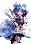  1girl blue_eyes blue_hair bow cirno dress hair_bow highres ice open_mouth short_hair smile solo suikaxd(zhanweiheng1992) touhou wings 