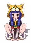  1girl all_fours brown_eyes cape green_eyes gunshou long_hair looking_at_viewer maeda_inuchiyo oda_nobuna_no_yabou open_mouth purple_hair sandals socks solo tiger_hood 