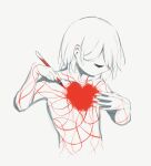  1boy absurdres avogado6 closed_eyes colored_skin completely_nude drawing hands_up heart highres holding male_focus monochrome nude original paint_on_body red_theme simple_background solo upper_body white_background white_hair white_skin 