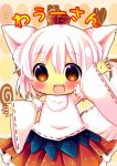  1girl :d animal_ears brown_eyes chibi chocolat_(momoiro_piano) detached_sleeves hat inubashiri_momiji looking_at_viewer open_mouth short_hair smile solo tail tokin_hat touhou translation_request white_hair wolf_ears wolf_tail 