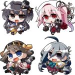  &gt;:d 4girls :d ahoge akaneya blue_eyes brown_eyes brown_hair chibi detached_sleeves grey_eyes grey_hair hairband harusame_(kantai_collection) hat hiei_(kantai_collection) kantai_collection kiyoshimo_(kantai_collection) long_hair low_twintails machinery multicolored_hair multiple_girls nontraditional_miko open_mouth pink_hair pleated_skirt red_eyes school_uniform serafuku short_hair side_ponytail silver_hair skirt smile tokitsukaze_(kantai_collection) turret twintails two-tone_hair 