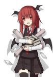  1girl black_legwear book_stack carrying demon_girl demon_wings head_wings highres koakuma long_sleeves open_mouth red_eyes redhead scroll sh_(562835932) shirt skirt skirt_set solo thigh-highs touhou vest wings zettai_ryouiki 