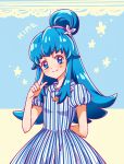  1girl alternate_hairstyle blue_dress blue_eyes blue_hair blush character_name dress english eyelashes fashion hair_ornament happinesscharge_precure! happy kagami_chihiro long_hair looking_at_viewer precure shirayuki_hime smile solo standing striped striped_dress 
