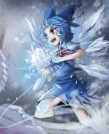  &gt;:d 1girl :d ascot blue_eyes blue_hair cirno collared_shirt dress fuente highres ice ice_wings open_mouth puffy_short_sleeves puffy_sleeves short_sleeves skirt skirt_set smile snowflakes socks solo swirling touhou vest wavy_hair white_legwear wind wings 