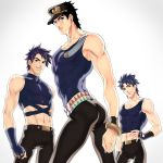  4boys banysun black_hair blue_hair chain family fingerless_gloves gakuran gloves grin hat highres jojo_no_kimyou_na_bouken jonathan_joestar joseph_joestar_(young) kuujou_joutarou midriff multiple_boys school_uniform sleeveless sleeveless_turtleneck smile spiky_hair turtleneck 