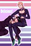  2boys black_hair blonde_hair doughnut eating_hair fork gakuran giorno_giovanna higashikata_jousuke highres jojo_no_kimyou_na_bouken knife ladybug multiple_boys parody pompadour rin2010 school_uniform 