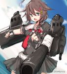  black_gloves black_skirt blue_eyes braid brown_hair cannon commentary_request fang fingerless_gloves gloves hair_flaps hair_ornament hair_ribbon kantai_collection kitunemimi long_hair machinery necktie ocean open_mouth pleated_skirt ribbon shigure_(kantai_collection) single_braid sketch skirt turret twitter_username 