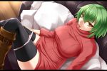  1girl black_legwear boots breasts couch green_hair hikage_(senran_kagura) large_breasts long_sleeves panties panty_pull pink_panties ribbed_sweater senran_kagura senran_kagura_(series) shuugetsu_karasu sitting solo sweater thigh-highs tongue tongue_out underwear yellow_eyes zettai_ryouiki 