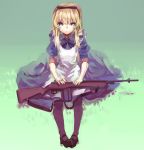  1girl battle_rifle blonde_hair blue_eyes gun hairband holding long_hair looking_at_viewer m14 mary_janes original rff_(3_percent) rifle shoes sitting sketch solo weapon 