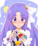  1girl ashita_wa_hitsuji blush cure_fortune earrings embarrassed eyelashes fortune_tambourine hair_ornament happinesscharge_precure! heart heart_hair_ornament highres hikawa_iona jewelry long_hair looking_at_viewer magical_girl open_mouth ponytail precure puffy_sleeves purple_hair shirt solo vest violet_eyes wrist_cuffs 
