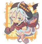  1girl bandages bandaid bare_shoulders blue_eyes blue_hair bruise disguise flat_gaze gloves hair_between_eyes halloween injury long_hair looking_at_viewer mob_cap morino_hon mummy original pumpkin_hat red_scarf scarf scarf_pull smirk solo_focus sparkle wavy_hair 