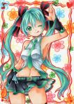  1girl :p arm_up armpits belt colored_pencil_(medium) detached_sleeves green_eyes green_hair hair_ribbon hatsune_miku highres long_hair marker_(medium) mary0524 millipen_(medium) navel necktie one_eye_closed panties pantyshot ribbon skirt solo striped striped_panties tongue tongue_out traditional_media twintails underwear very_long_hair vocaloid 