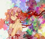  1girl bare_shoulders breasts guilty_crown hair_ornament hairclip highres long_hair looking_at_viewer pink_hair playing_with_own_hair red_eyes smile solo twintails yuzuriha_inori 