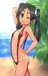  1girl aqua_eyes bikini_tan black_hair francesca_lucchini grin gunshou hair_ribbon hand_on_hip highres long_hair looking_at_viewer navel one_eye_closed ribbon sling_bikini small_breasts smile solo strike_witches swimsuit tan tanline twintails 