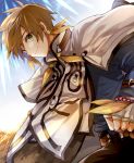  1boy brown_hair capelet feathers fingerless_gloves gloves green_eyes hyouseki_renn male_focus smile solo sorey_(tales) tales_of_(series) tales_of_zestiria 