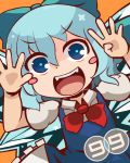  (9) 1girl :d blue_bow blue_eyes blue_hair bow cirno dress fangs hair_bow ice ice_wings jujino_neju open_mouth orange_background puffy_short_sleeves puffy_sleeves red_bow short_hair short_sleeves simple_background smile solo touhou wings 