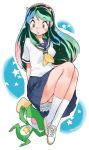  1girl crossover green_hair horns keroro keroro_gunsou kneehighs long_hair lum school_uniform serafuku socks urusei_yatsura white_legwear yoshizaki_mine 