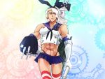  1boy cosplay cowboy_shot elbow_gloves gloves highres jojo_no_kimyou_na_bouken kantai_collection mamegohan manly midriff muscle parody shimakaze_(kantai_collection) shimakaze_(kantai_collection)_(cosplay) solo striped striped_legwear tan thigh-highs vanilla_ice white_hair 