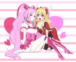 2girls blonde_hair boots choker cosplay costume_switch cure_passion cure_passion_(cosplay) cure_peach cure_peach_(cosplay) detached_sleeves dress earrings eyelashes fresh_precure! hair_ornament happy heart heart_hair_ornament higashi_setsuna high_heel_boots high_heels jewelry knee_boots kneehighs long_hair looking_at_viewer magical_girl marblewars momozono_love multiple_girls open_mouth pink_dress pink_eyes pink_hair precure puffy_sleeves red_dress sitting smile twintails white_legwear wrist_cuffs 