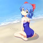  (9) 1girl barefoot blue_eyes blue_hair blush bow cato_(monocatienus) cirno competition_school_swimsuit feet from_behind full_body hair_bow ice ice_wings legs looking_at_viewer looking_back one-piece_swimsuit petite sand_writing school_swimsuit sitting smile solo swimsuit touhou tsurime wariza wavy_hair wings 