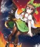  1girl arm_cannon bird_wings black_legwear black_wings bow breasts brown_hair cape fire hair_bow highres large_breasts long_hair papo puffy_short_sleeves puffy_sleeves red_eyes reiuji_utsuho shirt short_sleeves skirt smile solo space thigh-highs third_eye touhou weapon wings zettai_ryouiki 