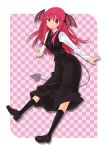  1girl 3692materia bat_wings checkered checkered_background collared_shirt demon_tail head_wings highres kneehighs koakuma loafers long_hair necktie outstretched_arms red_eyes redhead shoes skirt skirt_set smile socks solo spread_arms tail touhou vest wings 