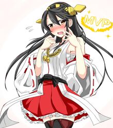  1girl bandages black_hair blush brown_eyes detached_sleeves flying_sweatdrops hairband haruna_(kantai_collection) highres kantai_collection long_hair looking_at_viewer mvp nontraditional_miko open_mouth pleated_skirt rakku_(10219563) sarashi skirt solo thigh-highs zettai_ryouiki 