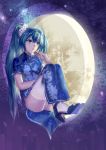  1girl china_dress chinese_clothes full_moon green_eyes green_hair hatsune_miku high_heels highres lace lace-trimmed_thighhighs liyou-ryon long_hair moon mooncake panties scrunchie sitting solo thigh-highs twintails underwear very_long_hair vocaloid 