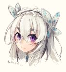  1girl blush butterfly_hair_ornament chaika_trabant character_name eyebrows face hair_ornament hairband hitsugi_no_chaika long_hair portrait shiratan silver_hair sketch smile solo violet_eyes 