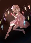  1girl aer_(tengqiu) apple ascot barefoot blonde_hair darkness dress flandre_scarlet food fruit full_body glowing glowing_wings highres looking_at_viewer mob_cap open_clothes open_shirt pink_dress red_eyes sleeveless sleeveless_dress sleeveless_shirt touhou wings 