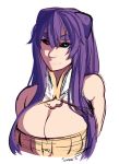  1girl arms_behind_back bare_shoulders black_sclera blue_eyes breasts cleavage eyebrows eyelashes hairpods large_breasts long_hair nose nyx_(orbis_terra) orbis_terra original purple_hair ribbed_sweater saane sleeveless slit_pupils smile solo sweater thick_eyebrows 