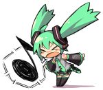  &gt;_&lt; 1girl chibi closed_eyes detached_sleeves green_hair gunjima_souichirou hatsune_miku long_hair musical_note necktie open_mouth solo spoken_musical_note thigh-highs twintails vocaloid wide_sleeves 