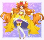  1girl amanogawa_kirara bare_shoulders boots brown_hair collarbone cure_twinkle earrings gloves go!_princess_precure jewelry long_hair nakahira_guy precure smile solo star star_earrings thigh-highs thigh_boots violet_eyes 